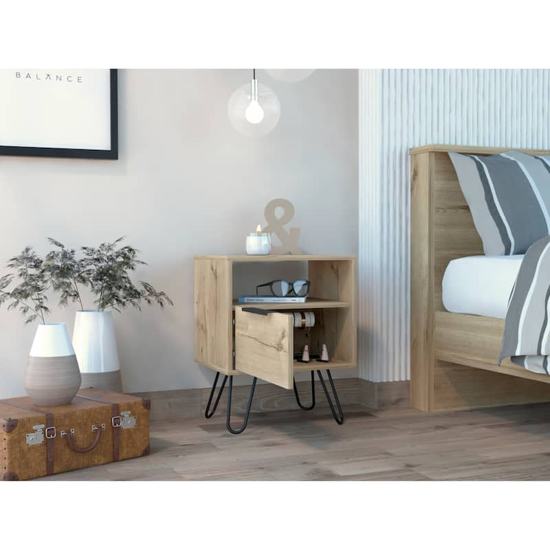 Light Oak Nightstand with Shelf and Drawer, Modern Industrial Design