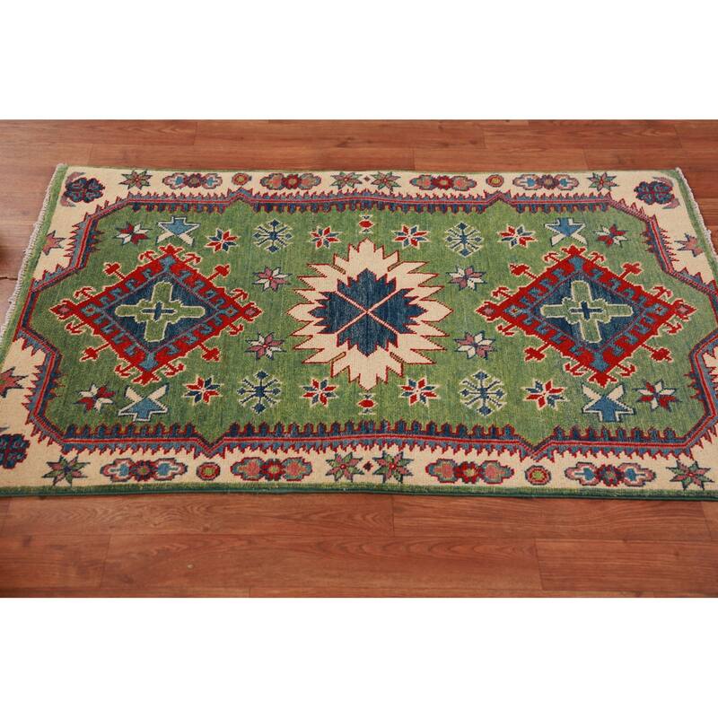 Green Kazak Foyer Rug Traditional Handmade Wool Carpet - 2'7"x 4'1"