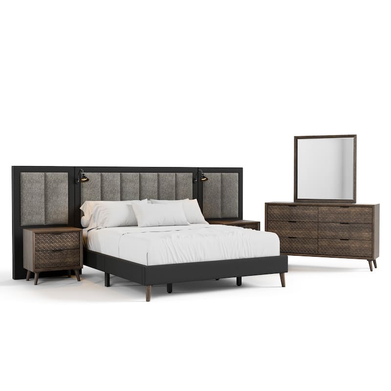 Furniture of America Orelo Modern 5-Piece Dark Brown Extended Wall Panel Bedroom Set with Reading Lights