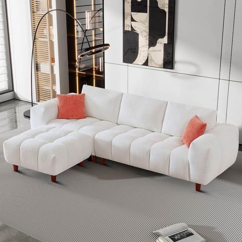 Modern Polyester Upholstered Reversible L-Shaped 3-Seater Sectional Sofa - White