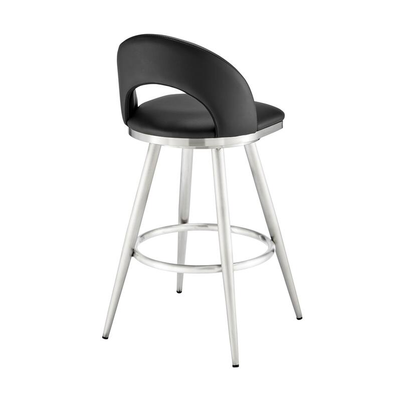 Visy 30 Inch Swivel Barstool Chair, Round Open Back, Black Faux Leather