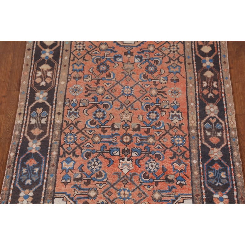 Hand Knotted Oriental 100% Wool Carpet Traditional Geometric Oranges & Rust Hamedan Runner Rug - 9' 7'' X 3' 4''