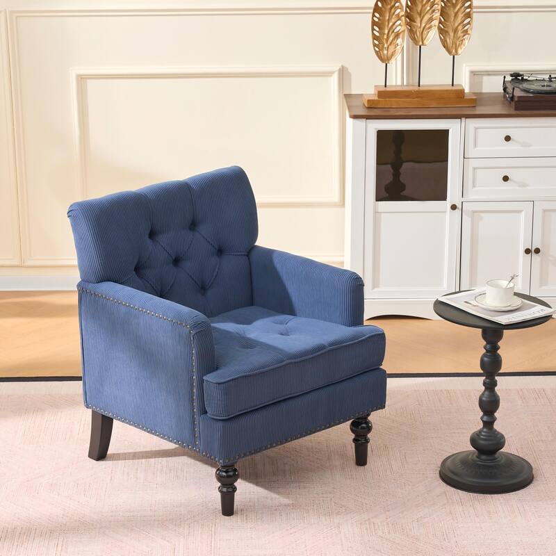 Anmytek Blue Accent Chair, Upholstered Button Armchair, Linen Fabric Sofa Chairs for Bedroom