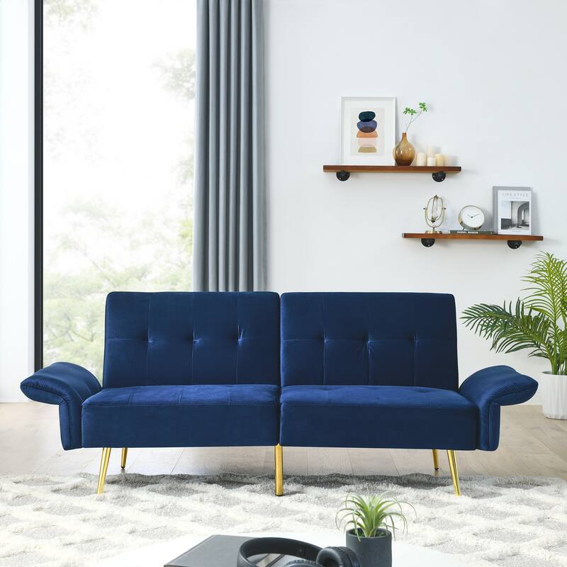 Velvet Futon Sofa Bed with Folded Armrests