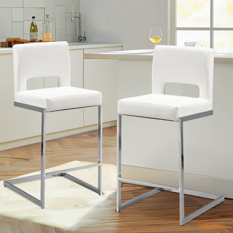 26" Counter Height Bar Stools Set of 2/3 with Metal Frame - 18"W x 23"D x 37.6"H - Set of 2 - Leather-White
