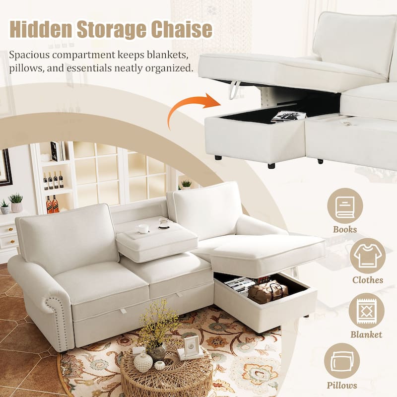 Convertible Sectional Sleeper Sofa with Storage Chaise, Pull-Down Backrest, Dual Cup Holders, Arc Armrests and Nailhead Trim