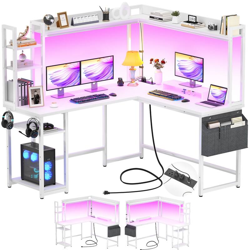 L Shaped Desk with Full Hutch and Power Hub, Corner Desk Computer Desk Office Writing Desk