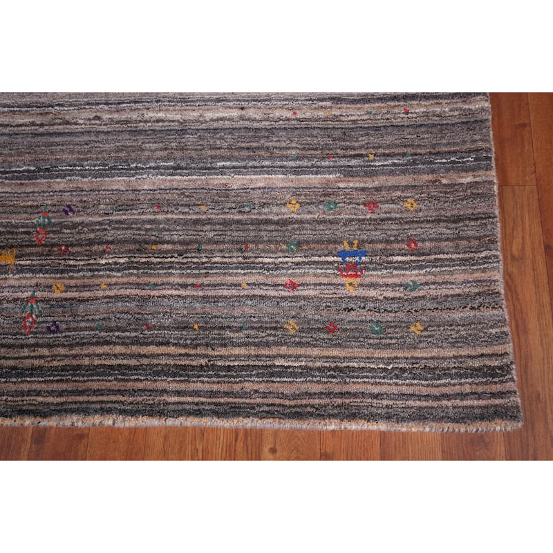 Striped Tribal Gabbeh Indian Square Area Rug Hand-Knotted Wool Carpet - 7'7"x 8'0"