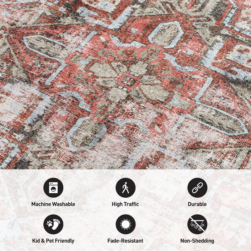 World Rug Gallery Vintage Boho Medallion Machine Washable Non Slip Area Rug