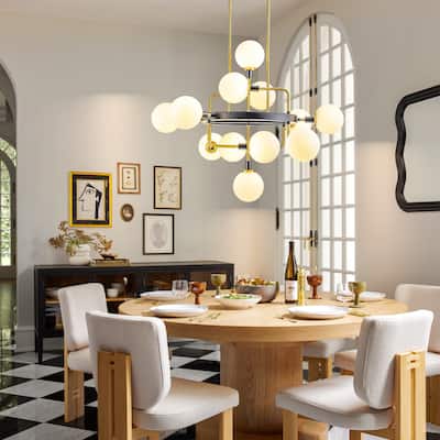 12-Light Modern Glam Geometric Frosted Opal Glass Globe Large Chandelier - 30.71 in. W x 34.25 in. W