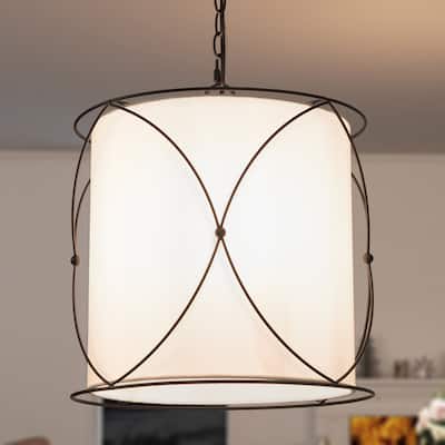 Modern Farmhouse 3-Light Black Cage Drum Chandelier with Fabric Shade - 13"W x 14"H