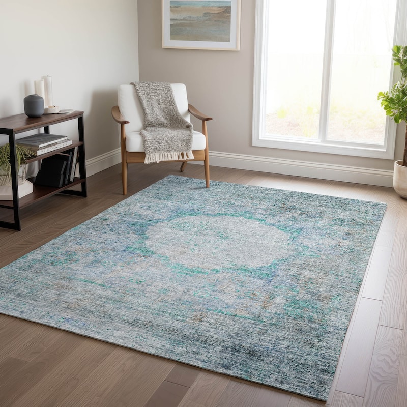 Machine Washable Indoor/ Outdoor Chantille Vintage Traditional Rug - Teal - 10' x 14'
