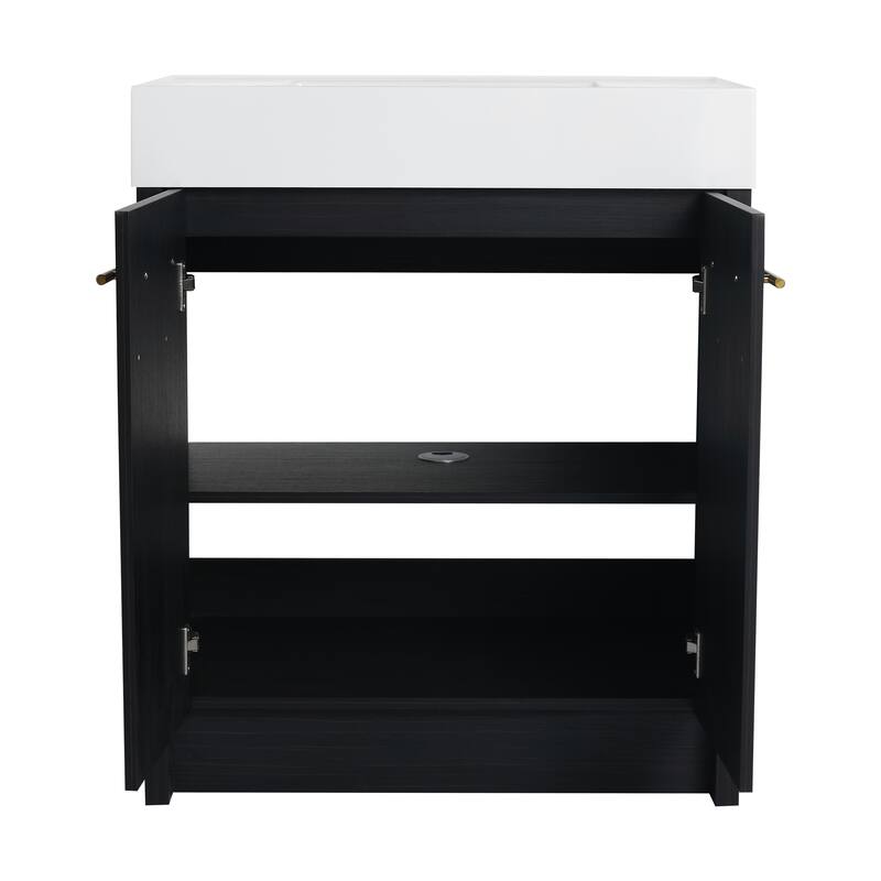 24" Bathroom Vanity with Resin Sink, Soft Close Hinges, Adjustable Storage, Black Chestnut Color, Freestanding Cabinet
