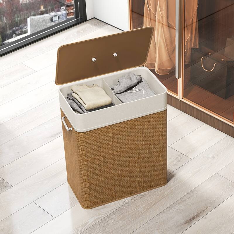 HOMCOM Double Laundry Basket with Lid, 26.4 Gallon Bamboo Laundry Hamper with Rope Handles, Clothes Hamper with Removable Liner