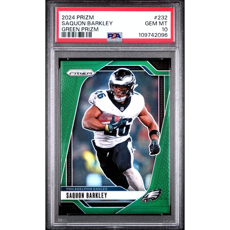 Saquon Barkley 2024 Panini Prizm Green Football Card #232 Graded PSA 10 Cert # 109742096 - 8' x 11'
