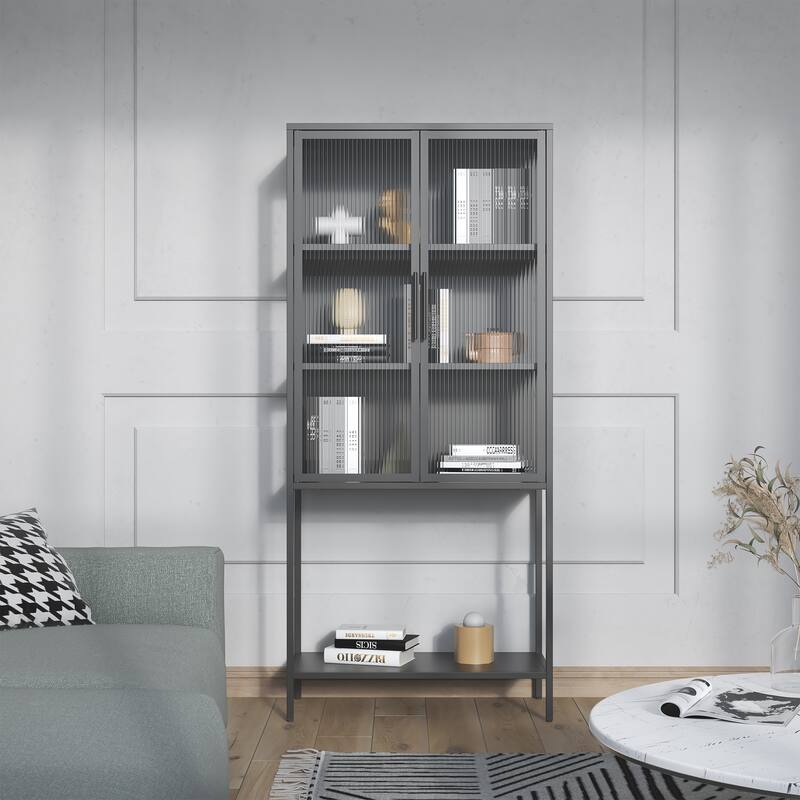 Benvolio 70.87-inch Black Two Door Metal Storage Cabinet with Fluted Clear Doors - 70.87