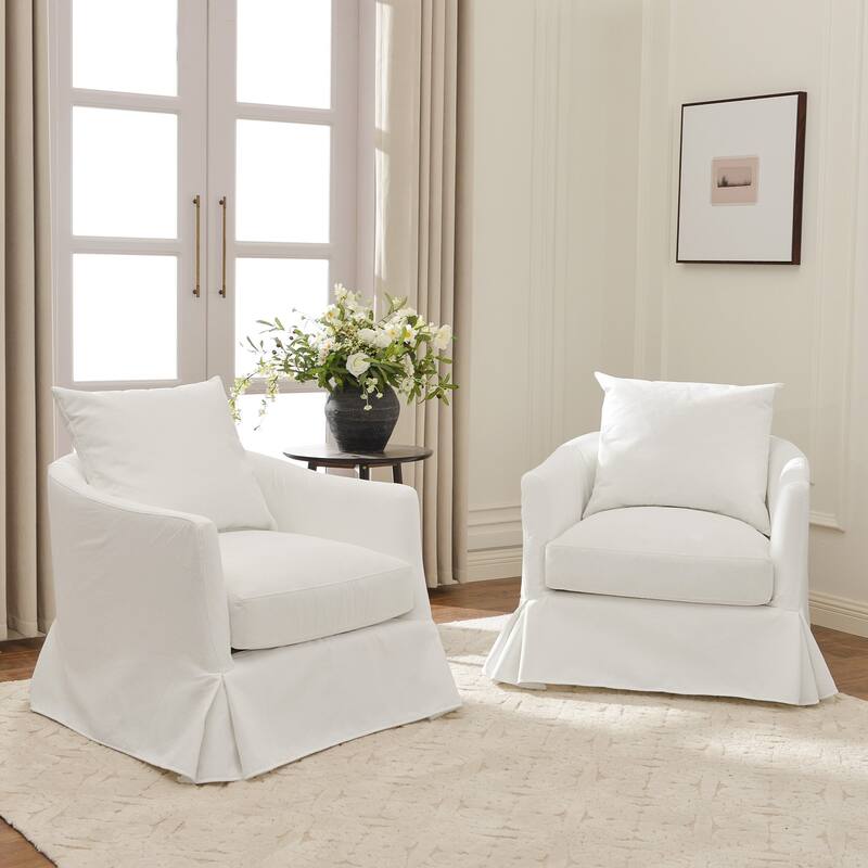 KINWELL 32" W Down Fill Upholstered Slipcovered Swivel Barrel Accent Armchair