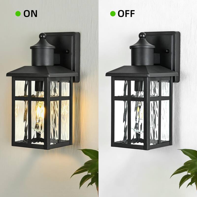 12 in. Black 1-Light Outdoor Wall Lantern Sconce with Water Wave Glass Shade