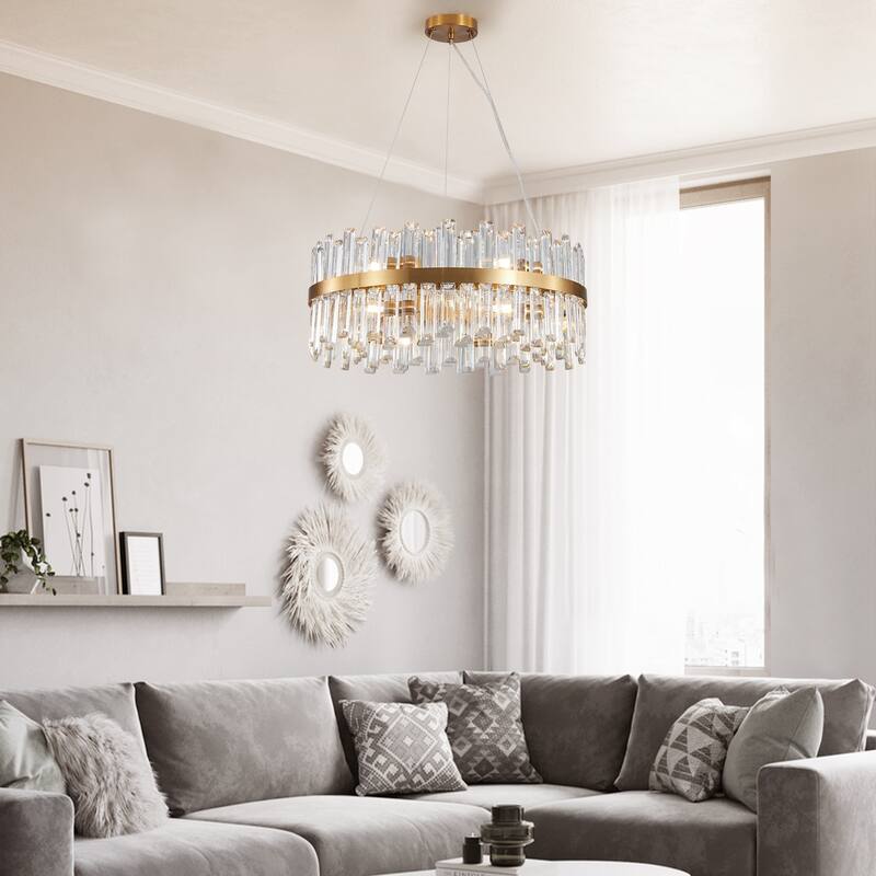 Round Bedroom Decorative Light with Metal Frame, Dining Room Crystal Chandelier, 12 Light Pendant Ceiling Light Fixture