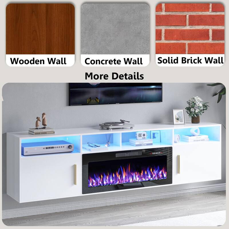 BOSSIN 80" Floating TV Stand with 36" Electric Fireplace, High Gloss Finish Wall Mounted Fireplace TV Stand with Storage