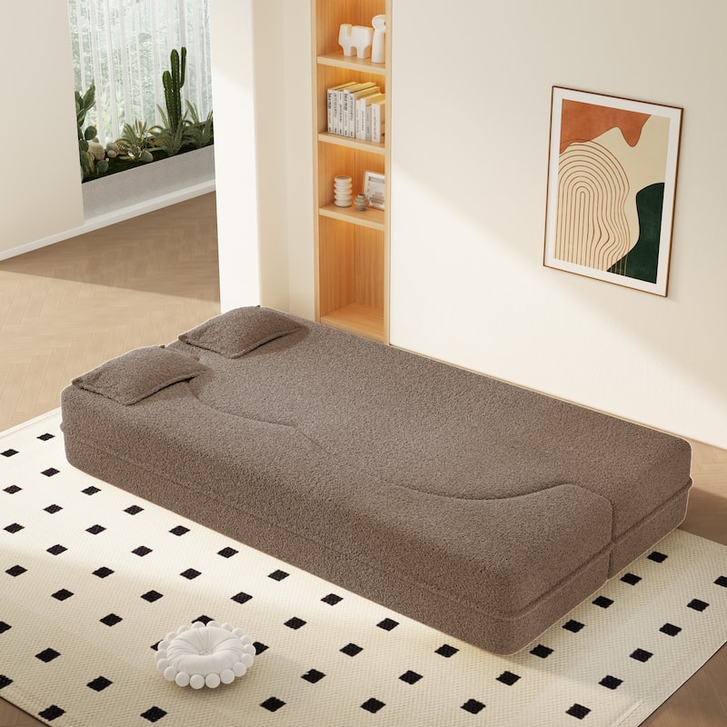 Convertible Floor Sofa with Teddy Fabric, Twin Mattress & No Assembly - Brown
