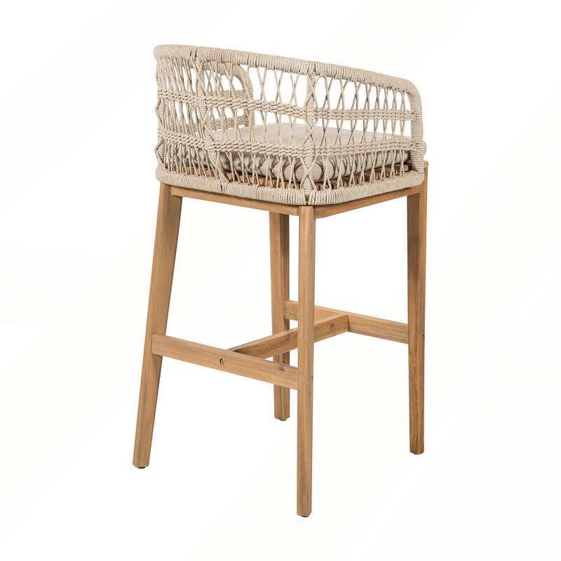Outdoor Wood and Rope Barstool with Beige Cushion Set of 2