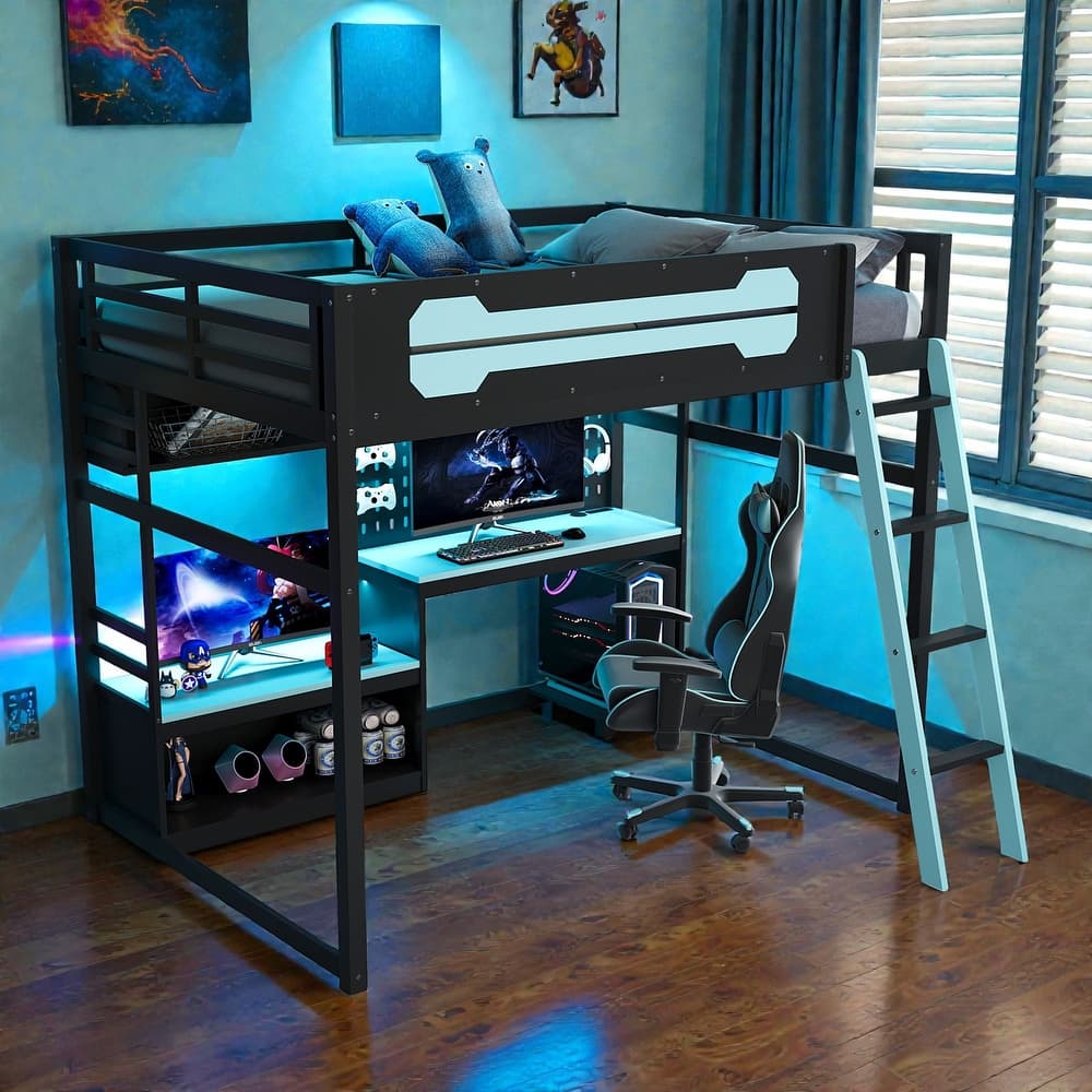 Full Size Wood Loft Bed with Desk, Shelves, LED Lights, USB Ports, Pegboard & Space-Saving Storage Design