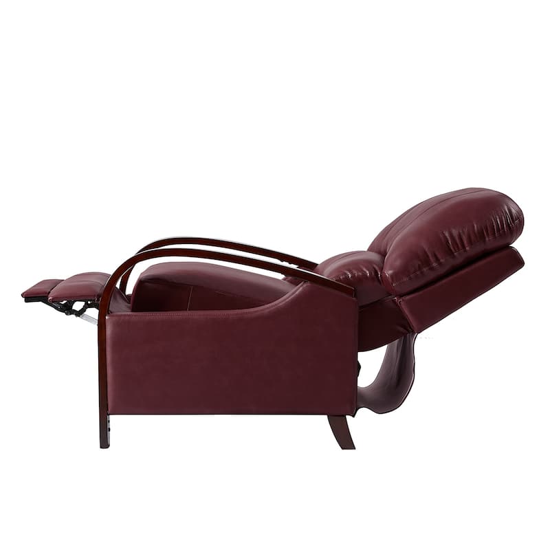 Alex Mid-century Modern Genuine Leather Manual Recliner with Wooden Curved Arms