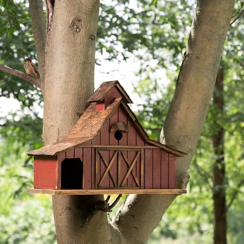Glitzhome 20.75"W Extra-Large Farmhouse Rustic Wood Barn Birdhouse - 20.75" W x 14.96" H x 8.27" D - Brown