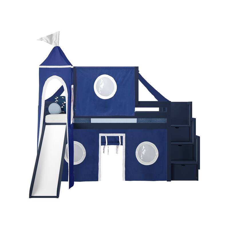 JACKPOT Prince & Princess Low Loft Twin Bed, Stairs Slide Tent & Tower