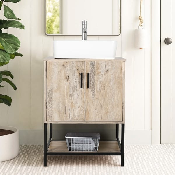 slide 2 of 54, 24" Bathroom Vanity Sink Combo Oak Cabinet Vanity Tempered Glass/Ceramic Sink white ceramic rectangular sink
