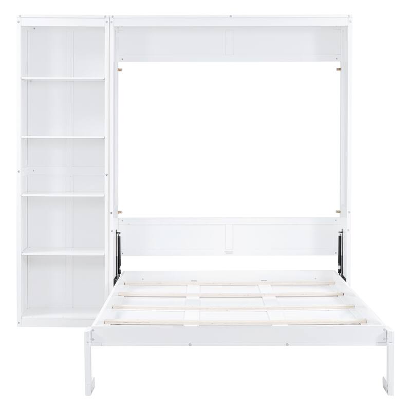 Queen Size Murphy Bed Wall Bed with Storage Shelves, Space-Saving Foldable Platform Bed Frame with Slatted Base for Small Rooms