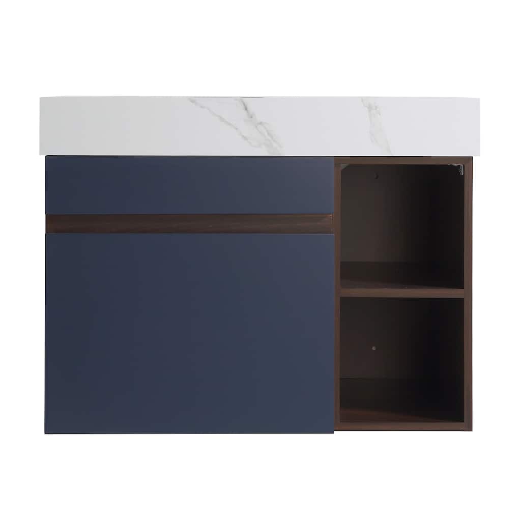 30 in. W Bath Vanity in Navy Blue with White Engineered Stone Top Single Ceramic Undermount Sink