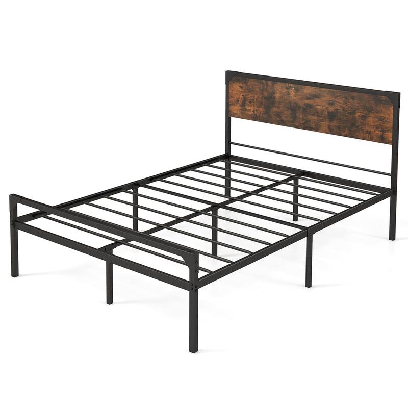 Costway Platform Full/Queen Bed with Rustic Headboard & Footboard - Full