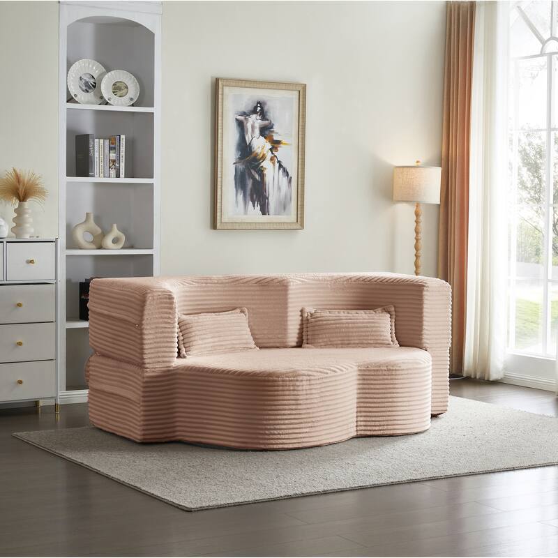 Full Size Floor Sleeper Sofa - 15" Folding Mattress, No Assembly Corduroy Sofa Bed with 2 Pillows