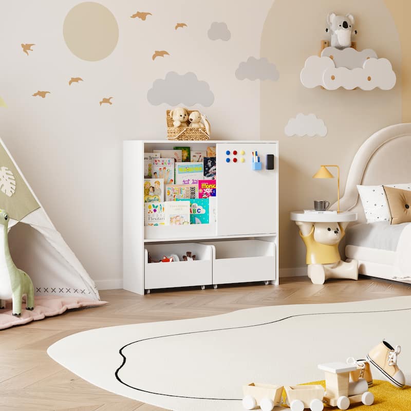 Kids Sliding Door Bookcase with 2 Large Rolling Toy Bins – 39.4" Wide White Children’s Bookshelf Organizer