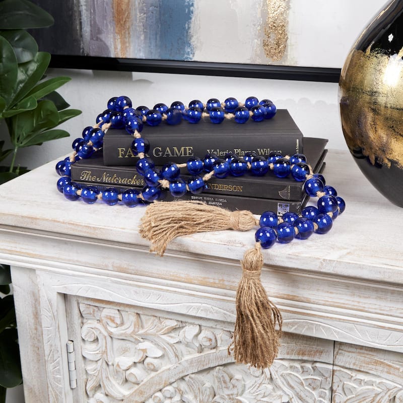 Glass Handmade Round Long Frosted Beaded Garland with Tassel with Knotted Brown Jute - Various Colors - Roche River Decor