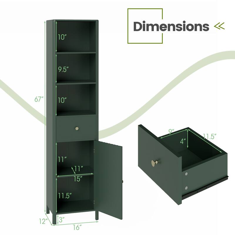 Modern Tall Bathroom Storage Cabinet with Drawer Adjustable Shelves and Wave Fluted Door Green - 16" x 12" x 67"
