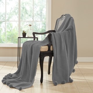 Modern Threads Knitted Bed Sofa Throw With Pom Poms