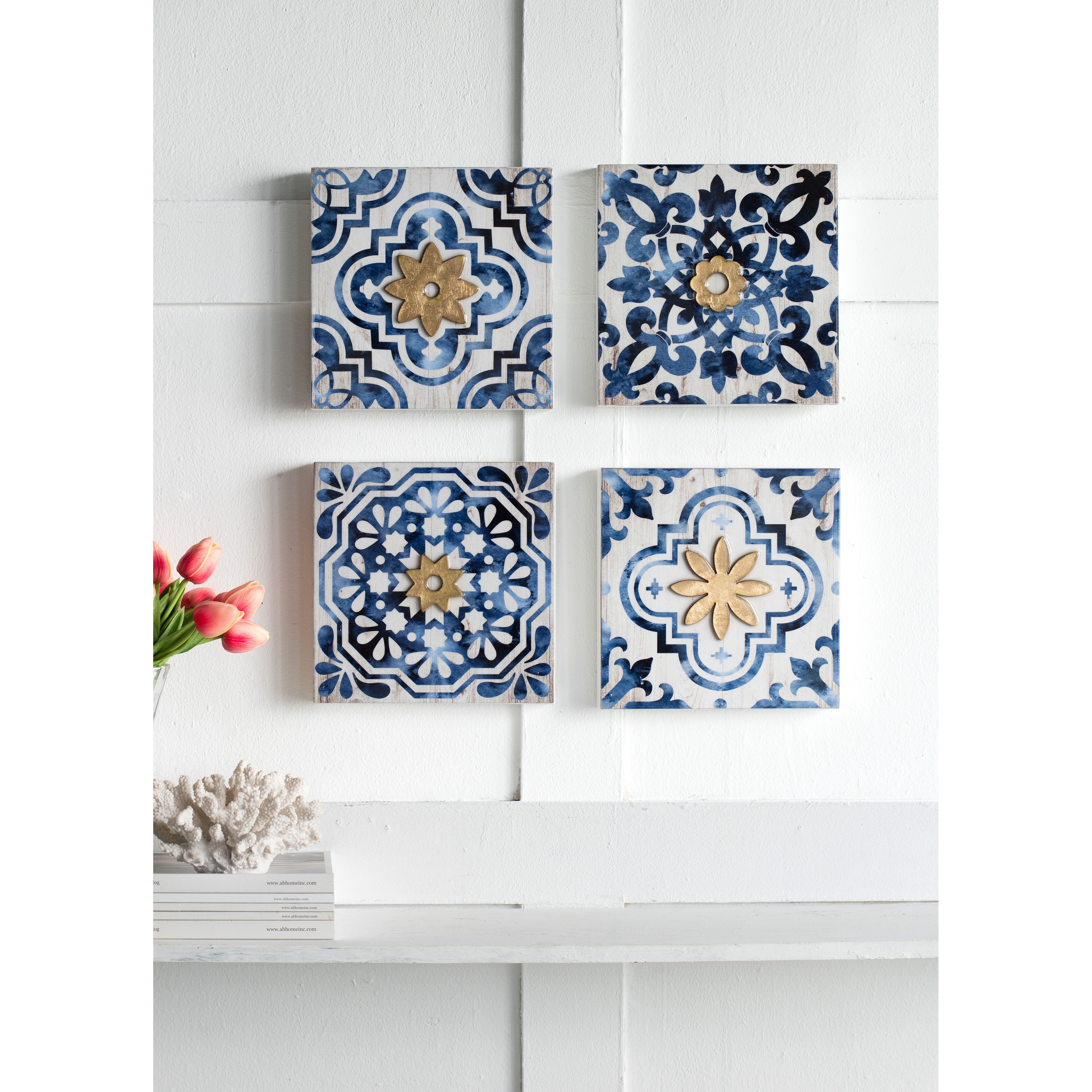 9.5" x 9.5" S/4 Abstract Blue, White, and Gold Wall Decor Accents