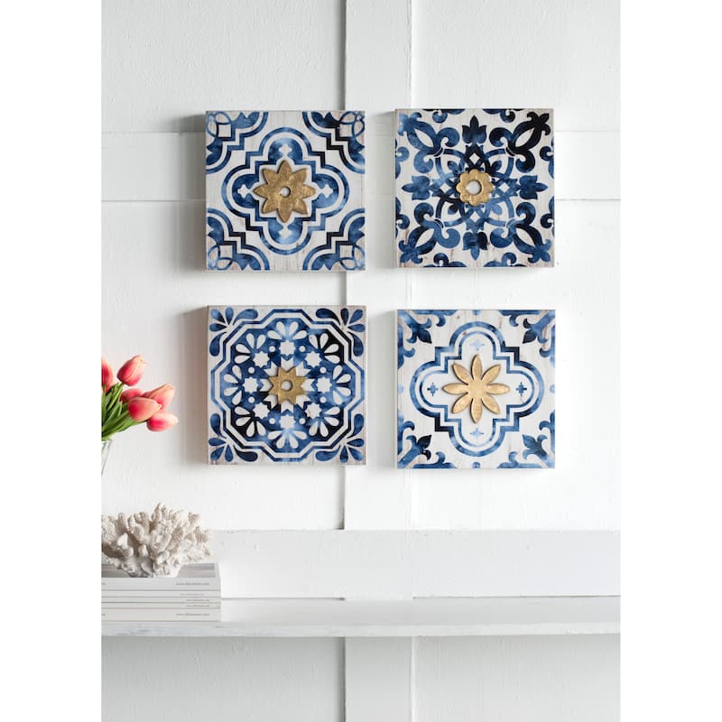 S/4 Abstract Blue, White, and Gold Wall Decor Accents, 9.5x9.5" - White+Blue