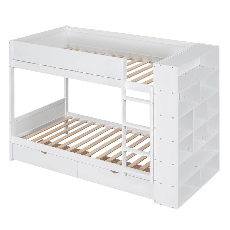White Twin over Twin Bunk Bed with 2 Drawers & Multi-layer Cabinet, Space-Saving Kids Furniture