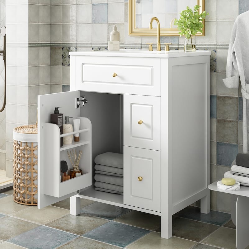 24-Inch Bathroom Vanity with Ceramic Sink, 1 Soft Close Door, 2 Soft Close Drawers, and Double Storage Racks on the Door
