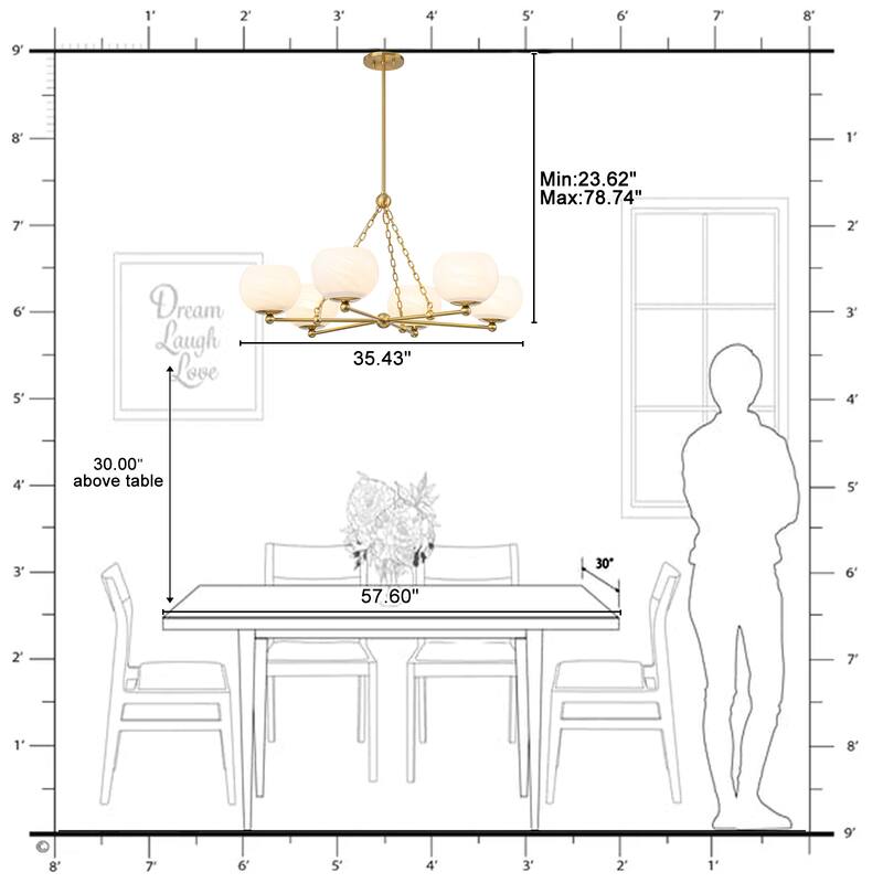 6-Light Brushed Gold Branch Chandelier with Cloud-Pattern Glass Shades - Dia.35.43-in
