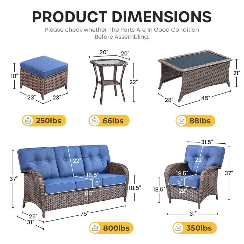 Gymojoy Outdoor Wicker Patio Furniture Set, 5" Thick Cushioned Rattan Conversation Set with Sofa & Chairs