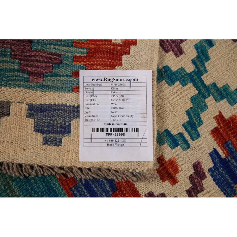 All-Over Geometric Kilim Oriental Large Rug Hand-Woven Wool Carpet - 10'6"x 16'3"