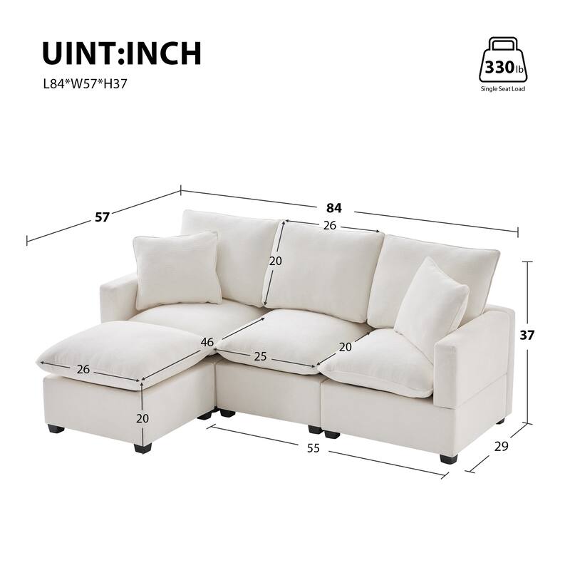 84" Modular Sofa Set with Ottoman & 2 Pillows, Free Combination 4 Seats L-Shape Chenille Sectional Sofa for Livingroom Apartment