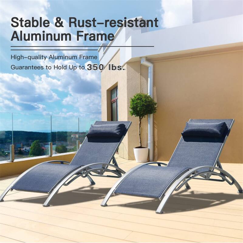 2-Piece Outdoor Chaise Lounge Set with Adjustable Backrest and Removable Pillow, Patio Recliner Chair for Beach Pool Poolside - Blue
