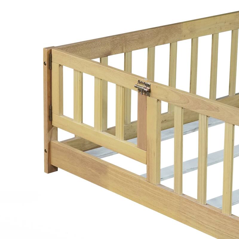 Full Size Floor Bed with Fence and Door,Rubber Wood Floor Bed with Safety Guardrails