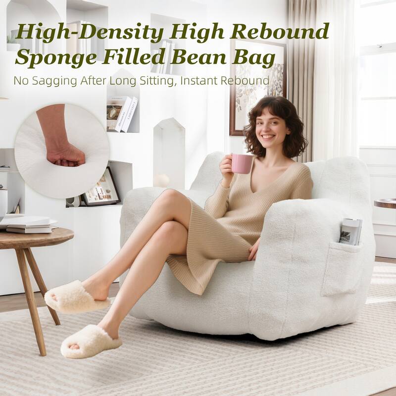 HOMEFUN Teddy Fabric Upholstered High-Density Foam Bean Bag Sofa Chair with Armrests